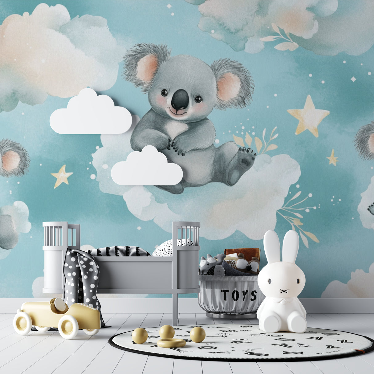 Floating koalas wallpaper styled in a modern baby room with wooden accents