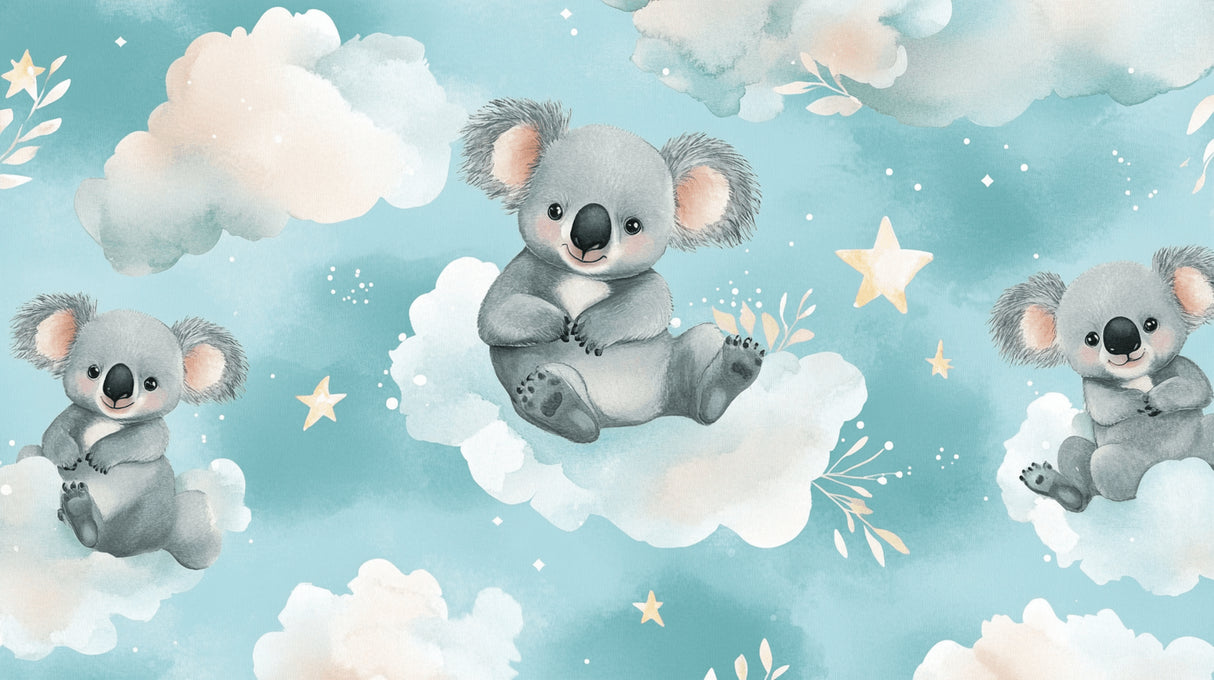 Design file showing gentle koalas floating among clouds pattern on soft blue background