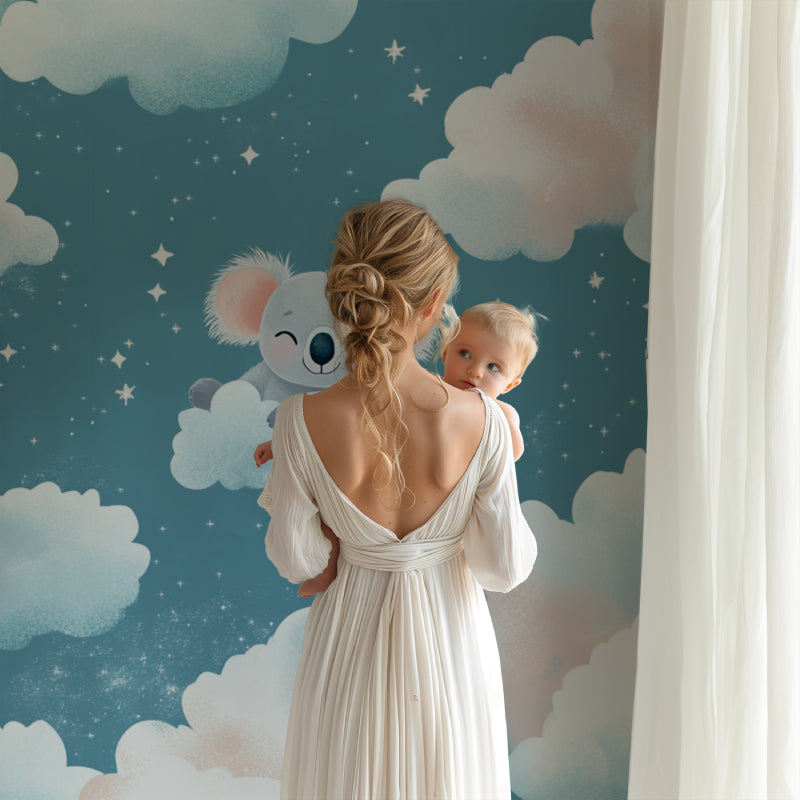 Koala wallpaper bringing magic to a modern nursery with soft cloud patterns and stars
