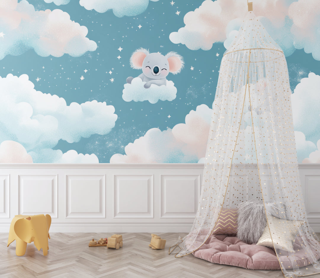 Kids bedroom featuring koala wall mural with dreamy sky design