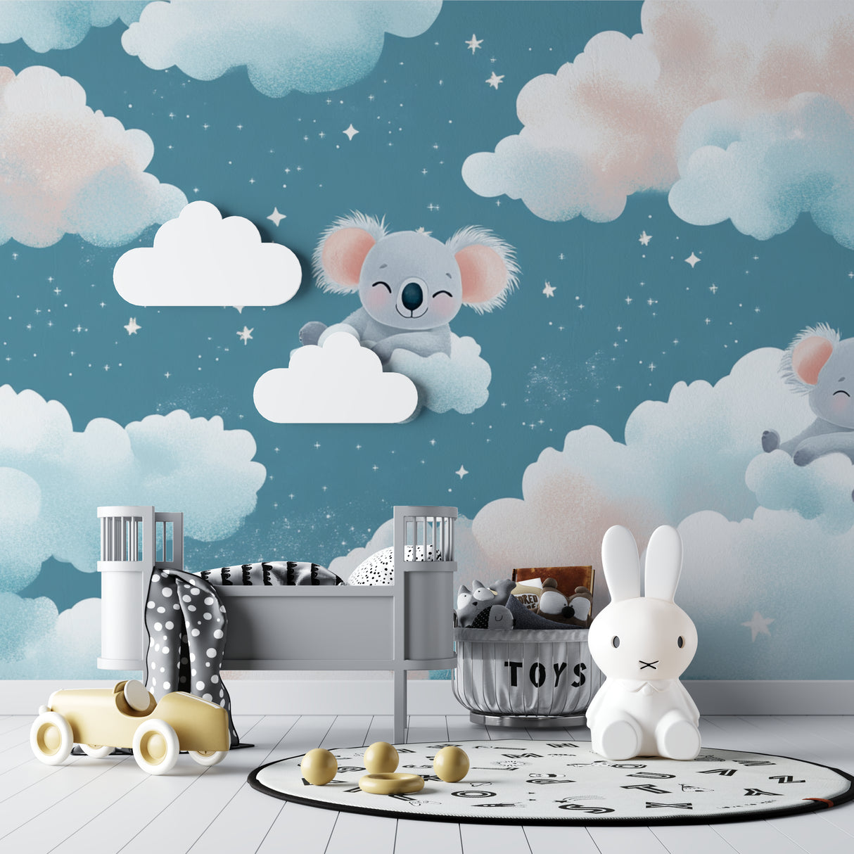 Baby room showcase of koala nursery wallpaper with clouds
