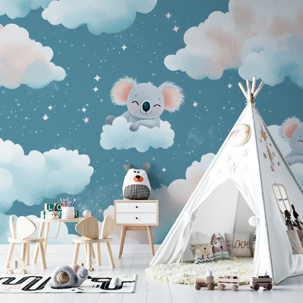 Reading nook with calming koala wall mural design