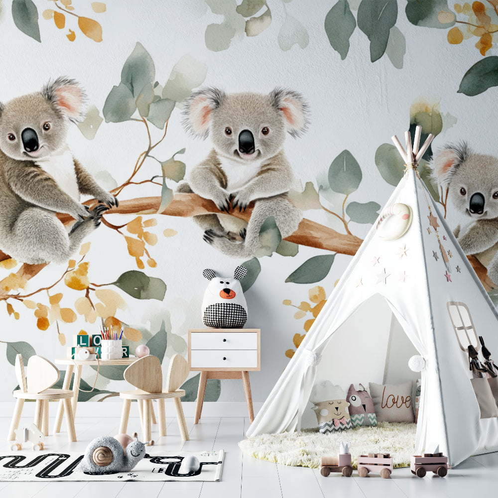 Australian koala wallpaper bringing charm to a peaceful children's reading nook