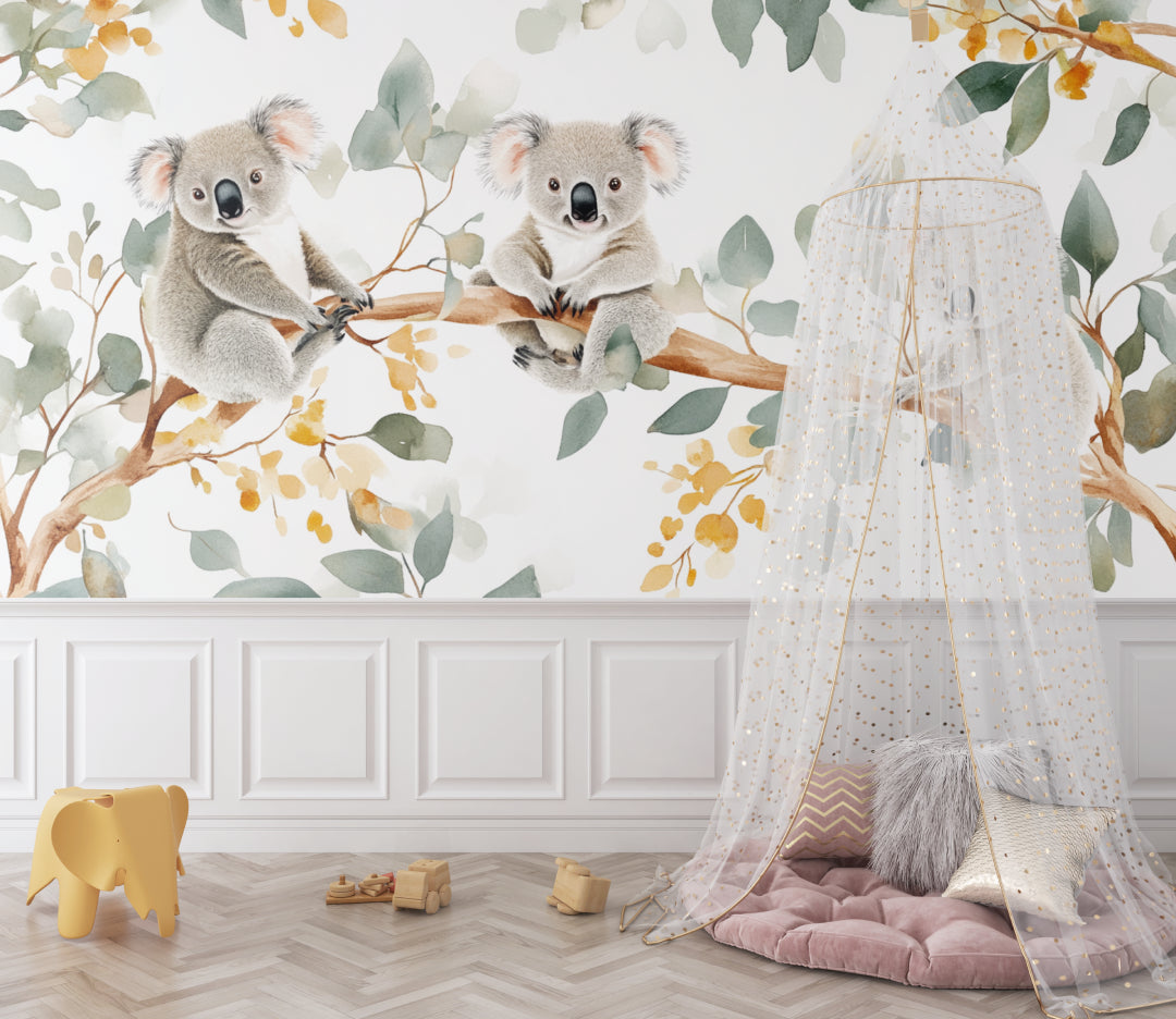 Playful koala wallpaper installation in a bright kids bedroom with golden accents