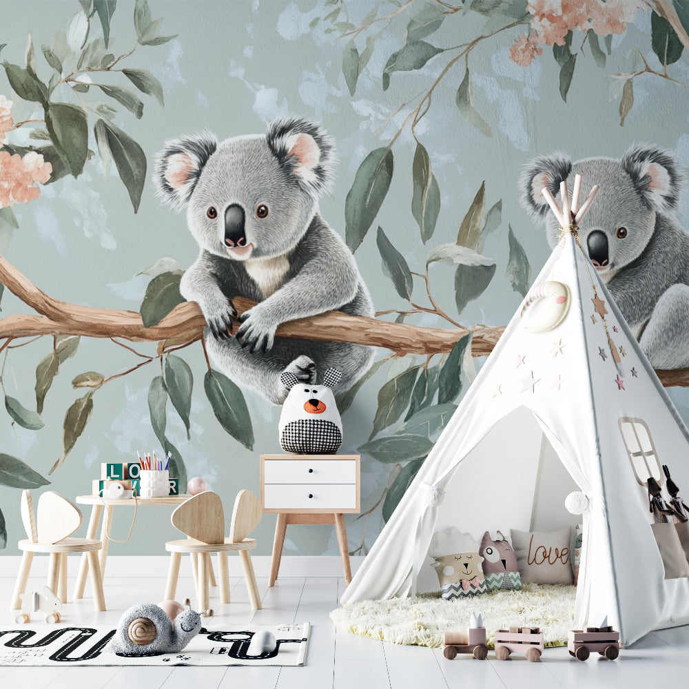 Koala wallpaper in a bright nursery with white furniture showing scale and soft lighting