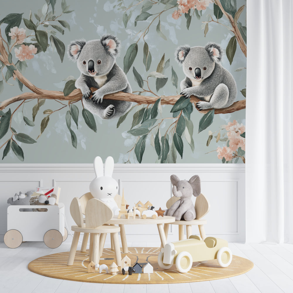Children's bedroom featuring koala mural wallpaper with reading nook