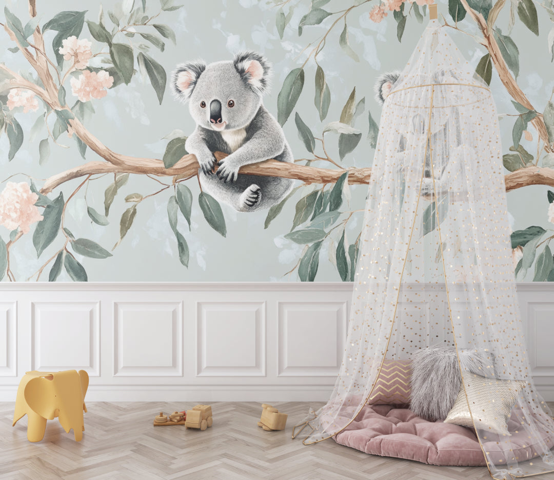 Koala nursery wallpaper in a modern playroom setting