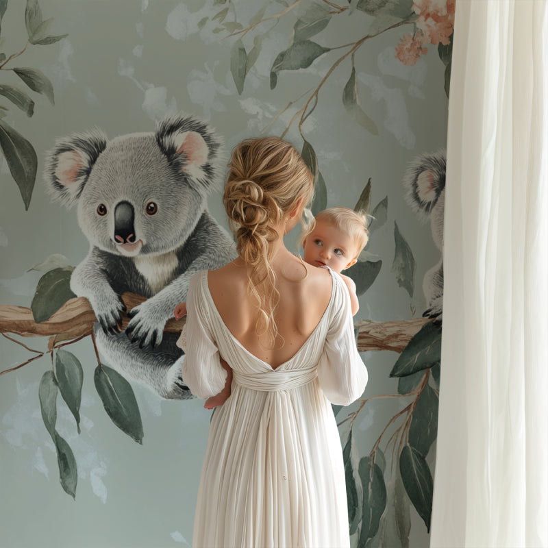 Girl's bedroom showcasing koala and eucalyptus wallpaper design
