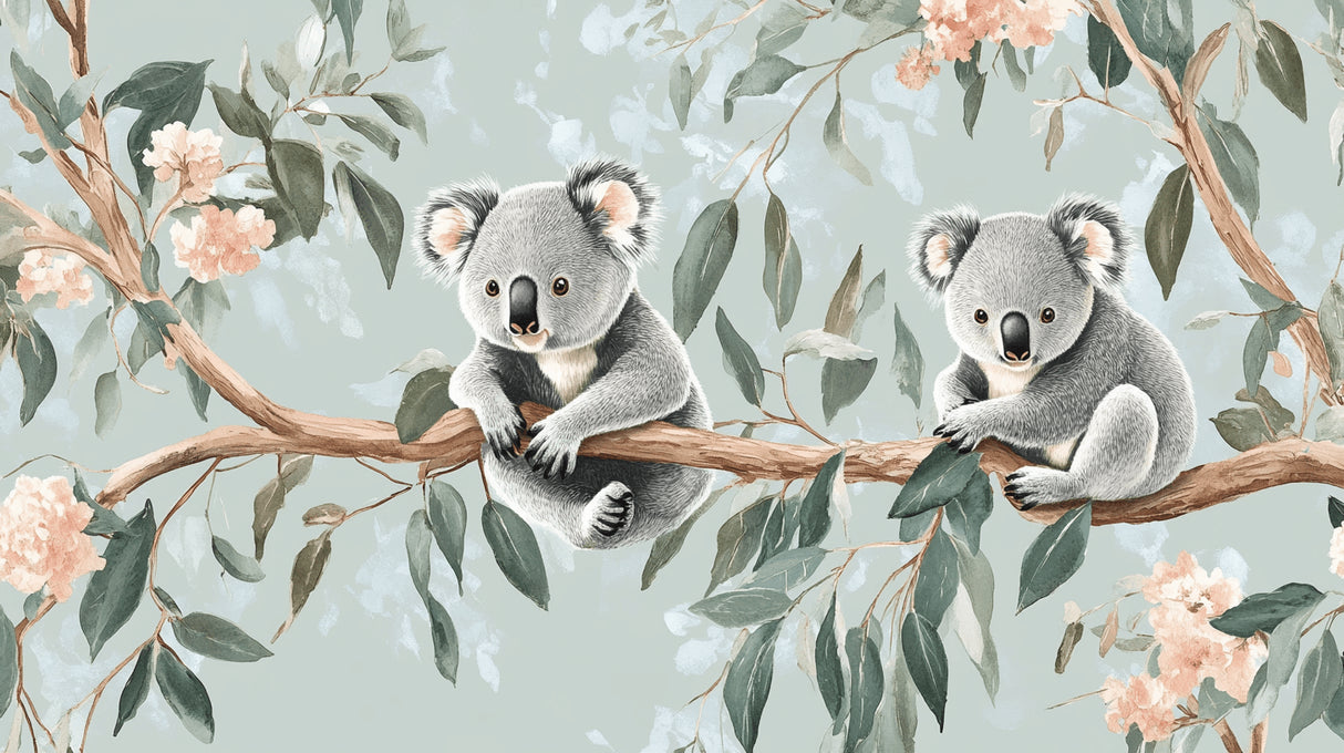 Koala and eucalyptus design file showing detailed pattern with pink blossoms