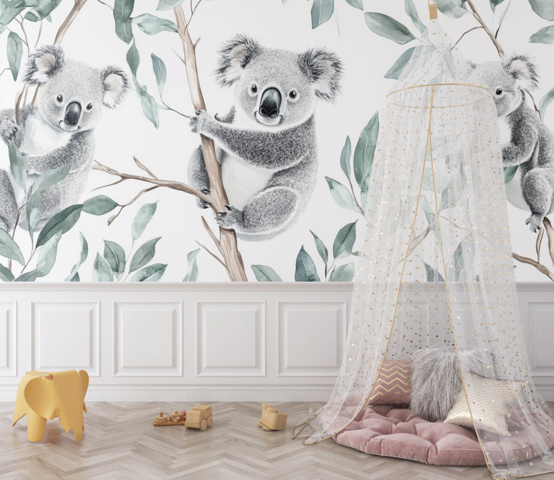 Baby room with koala eucalyptus wallpaper creating calm sleeping environment
