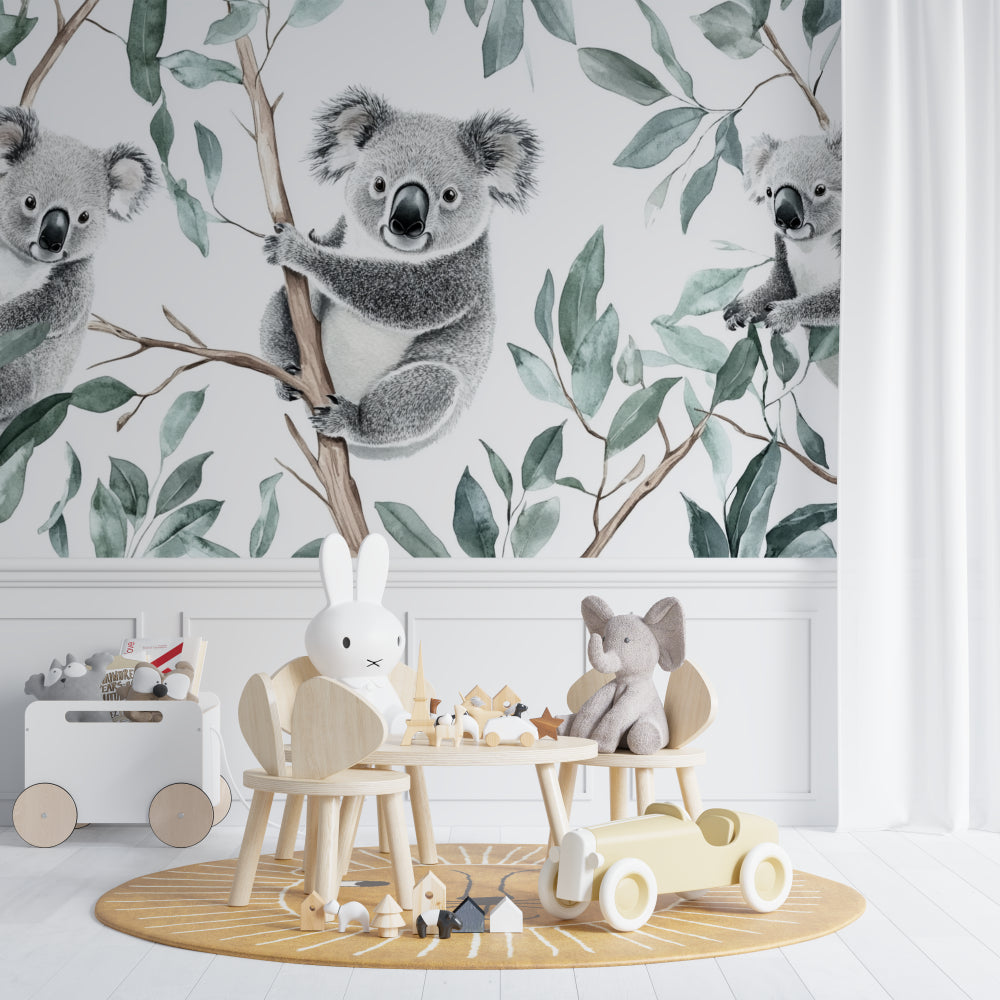 Guest room transformed with peaceful koala wall mural and minimal decor