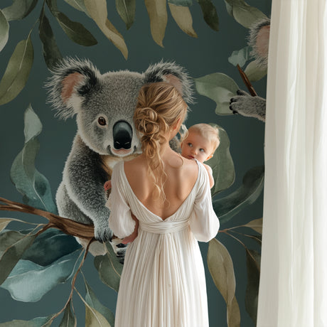 Koala wallpaper in modern nursery with natural wood furniture and soft lighting