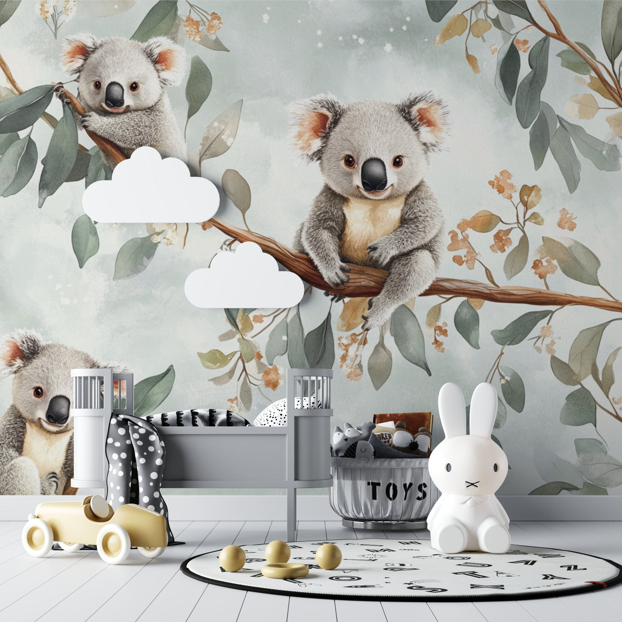 Kids bedroom featuring koala wall mural with soft lighting and playful accessories