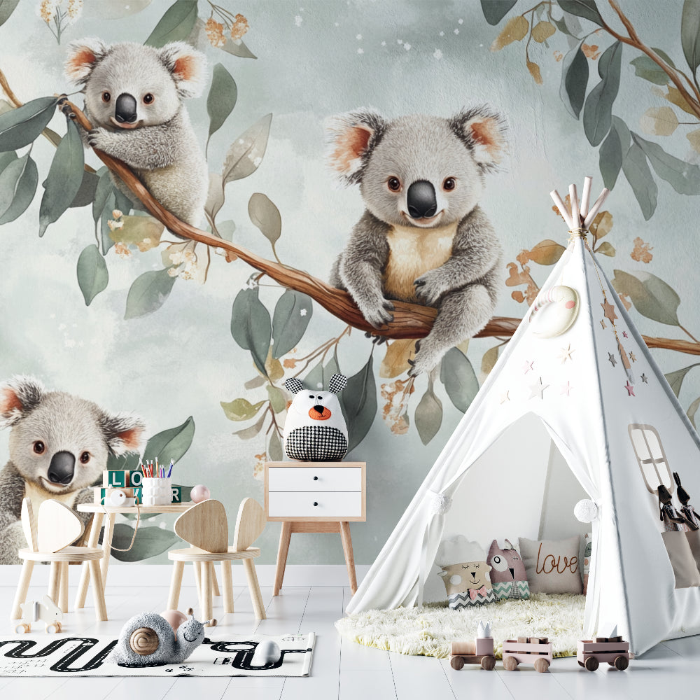 Koala eucalyptus wallpaper in a modern playroom with wooden toys and reading nook