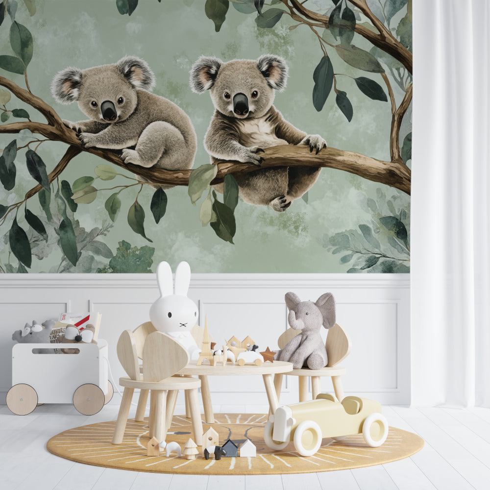 Sweet koala mural wallpaper featured in a toddler's reading nook with soft furnishings