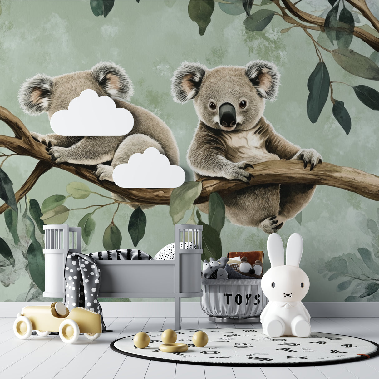 Forest green koala mural adding charm to a playroom with natural decor