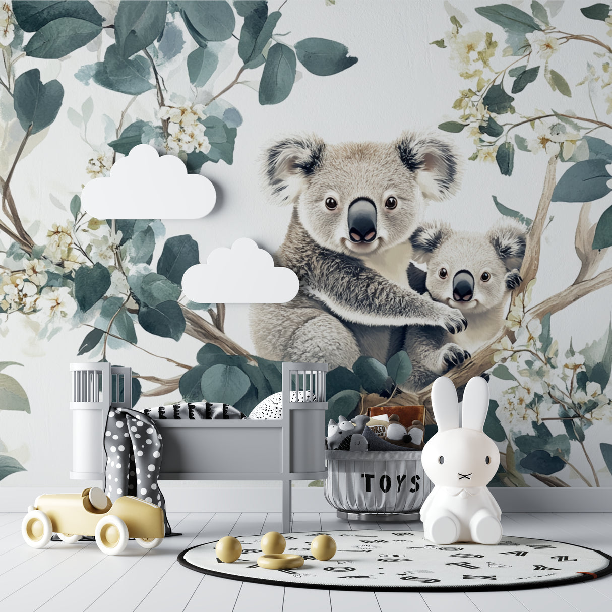 Australian wildlife wallpaper featuring koalas in a modern children's bedroom