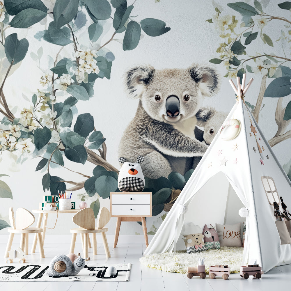 Eucalyptus forest wallpaper with koalas in a peaceful home office space