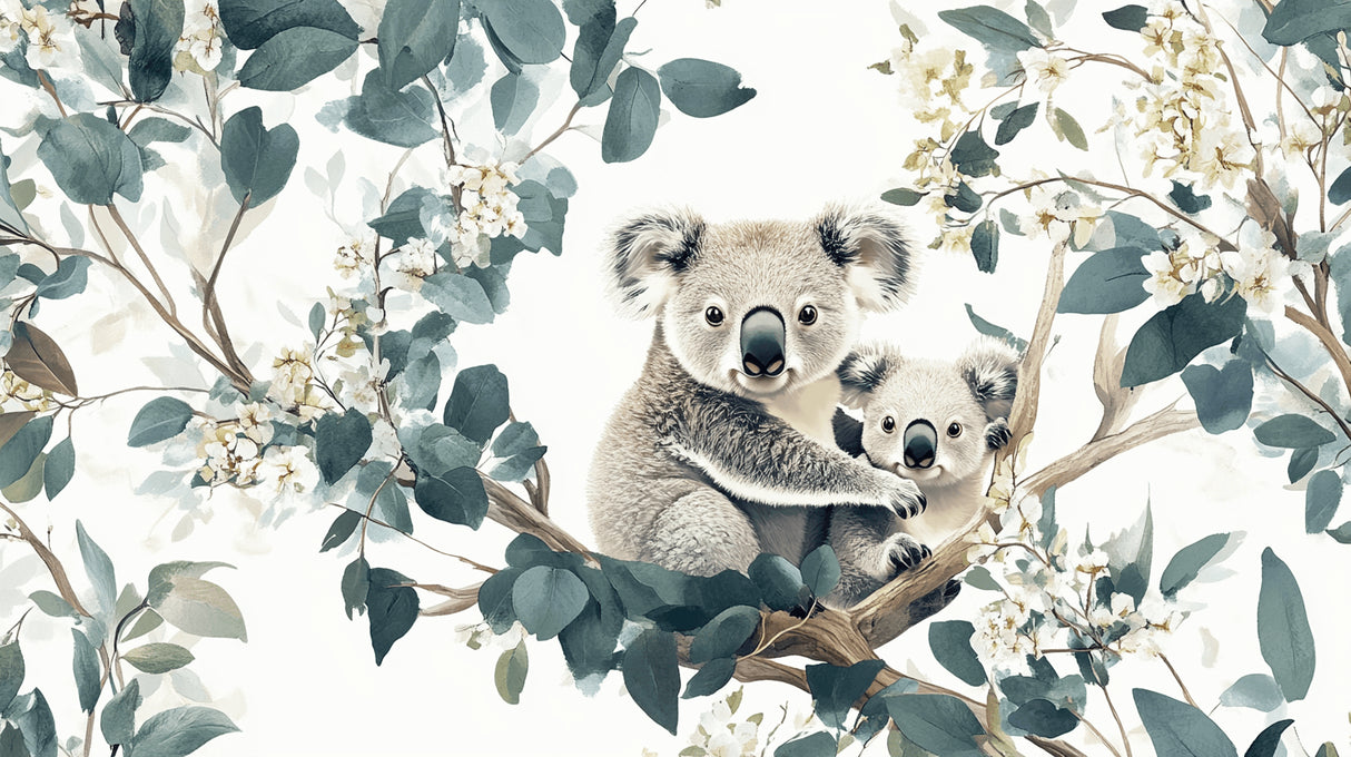 Koala and eucalyptus pattern design file showing intricate details and white blossoms