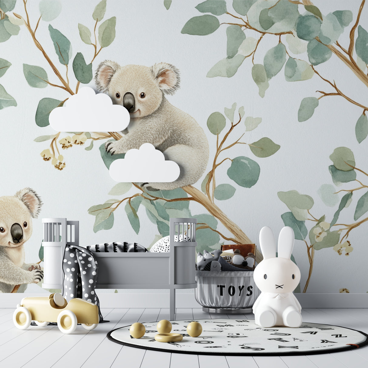 Koala nursery wallpaper creating a peaceful atmosphere in a modern white nursery with natural wood furniture