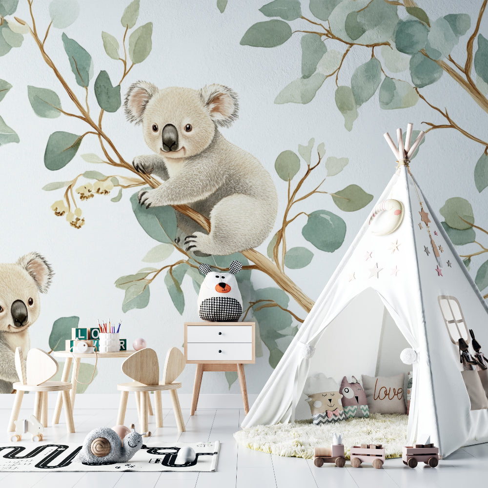 Australian wildlife wallpaper featuring koalas in a bright children's playroom with reading nook