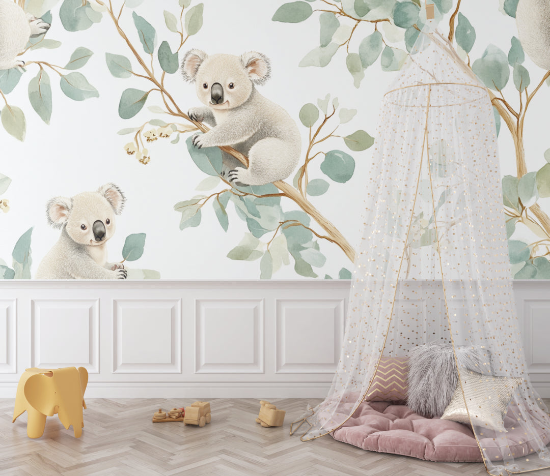 Nursery animal wallpaper showing sweet koalas in a pastel-themed baby room