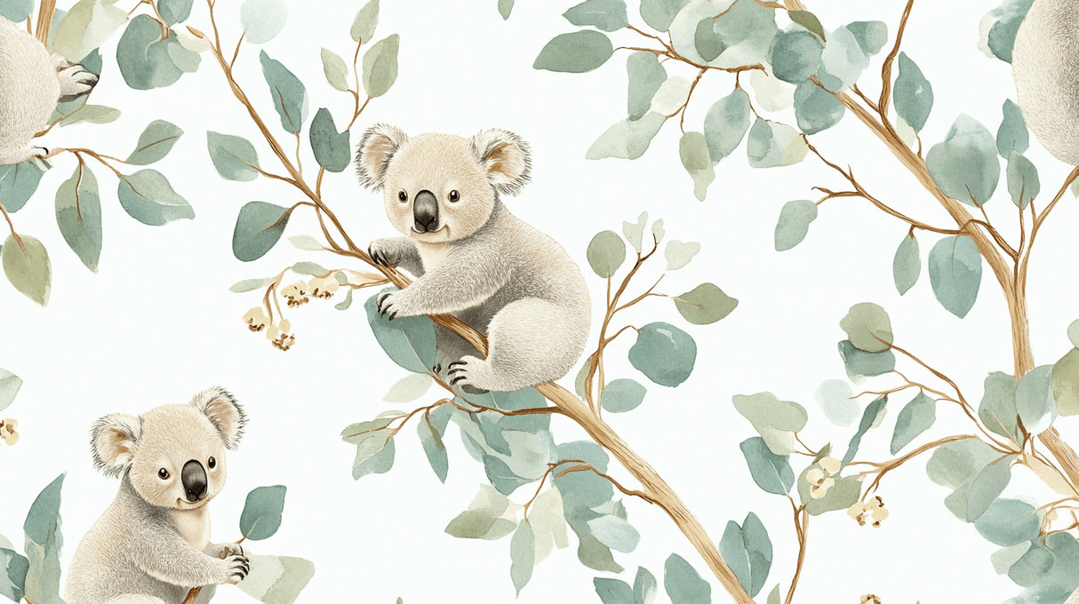 Koala wallpaper design file showing detailed eucalyptus leaves and gentle watercolor effects