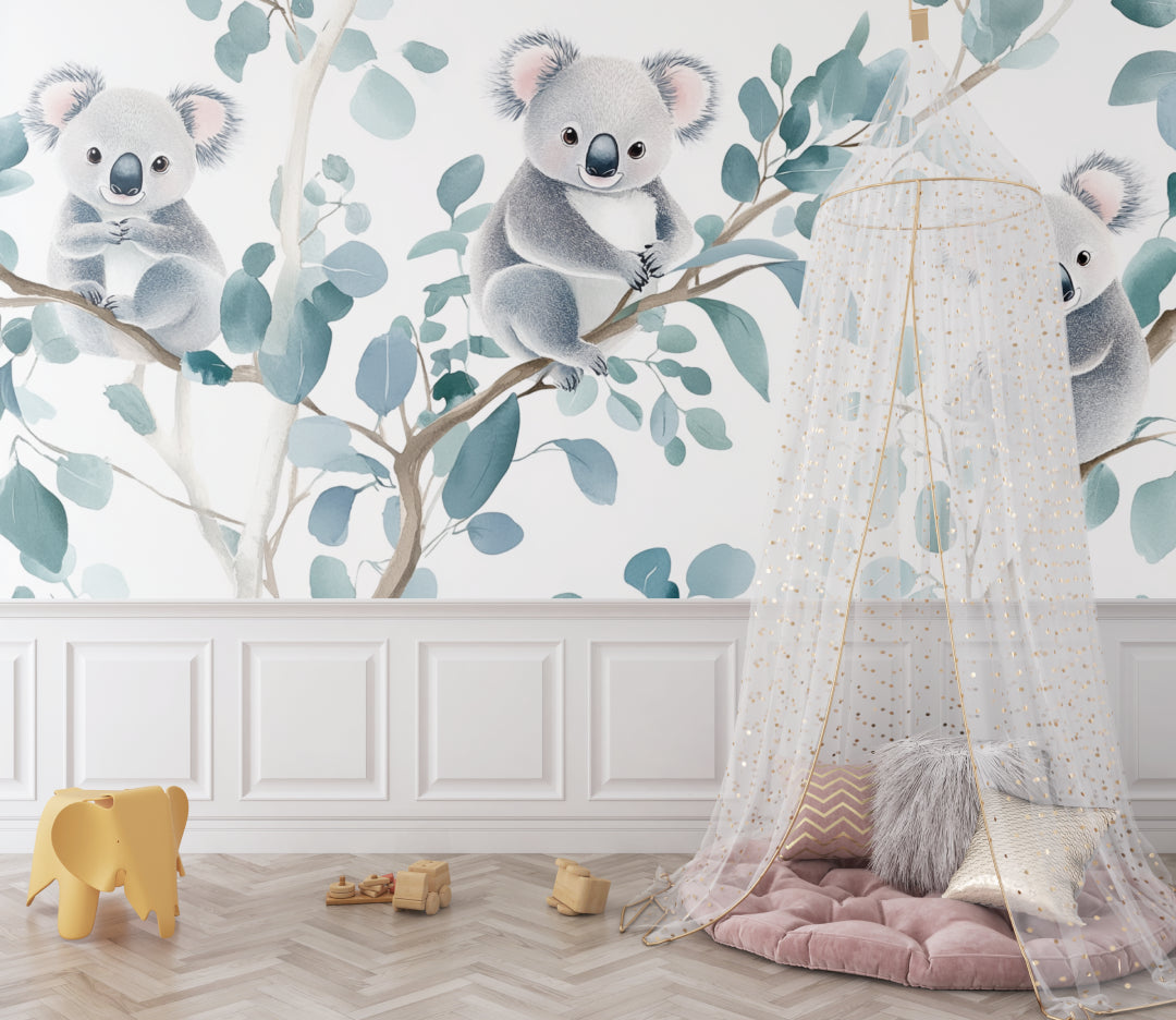 Baby koala wall mural brightening up a children's playroom with natural light