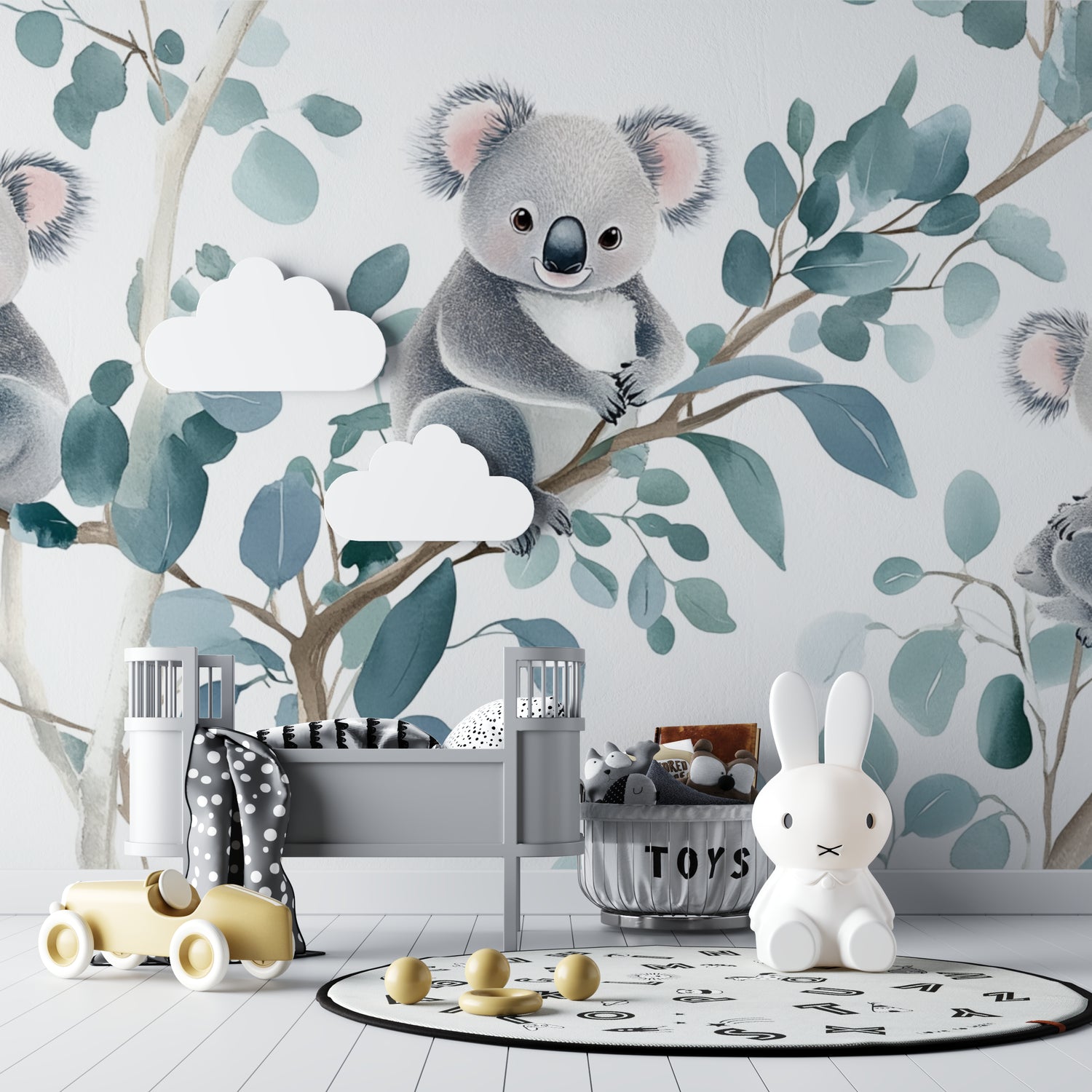 Eucalyptus and koala pattern making a cozy reading nook in a kid's bedroom
