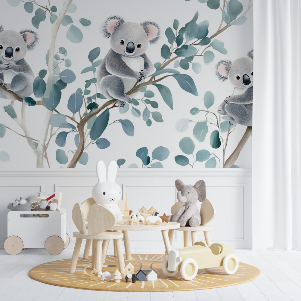 Koala nursery wallpaper adding charm to a changing area with soft lighting