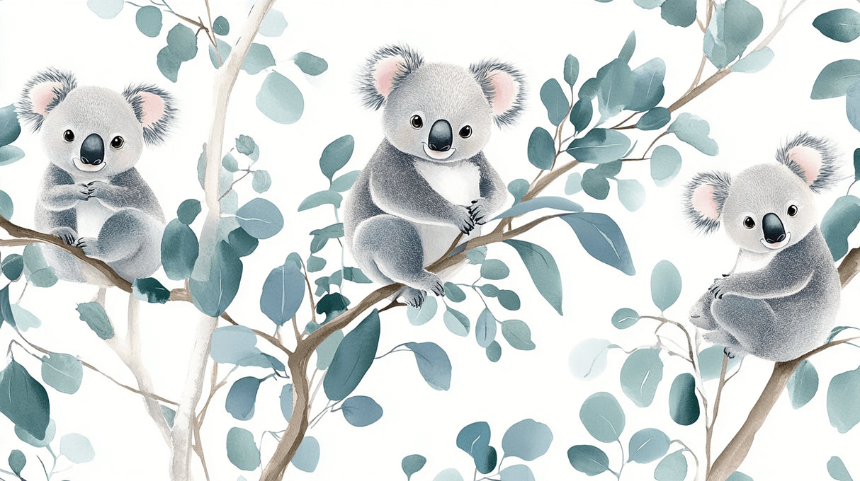 Design file showing sweet koala bears and eucalyptus leaves pattern on white background