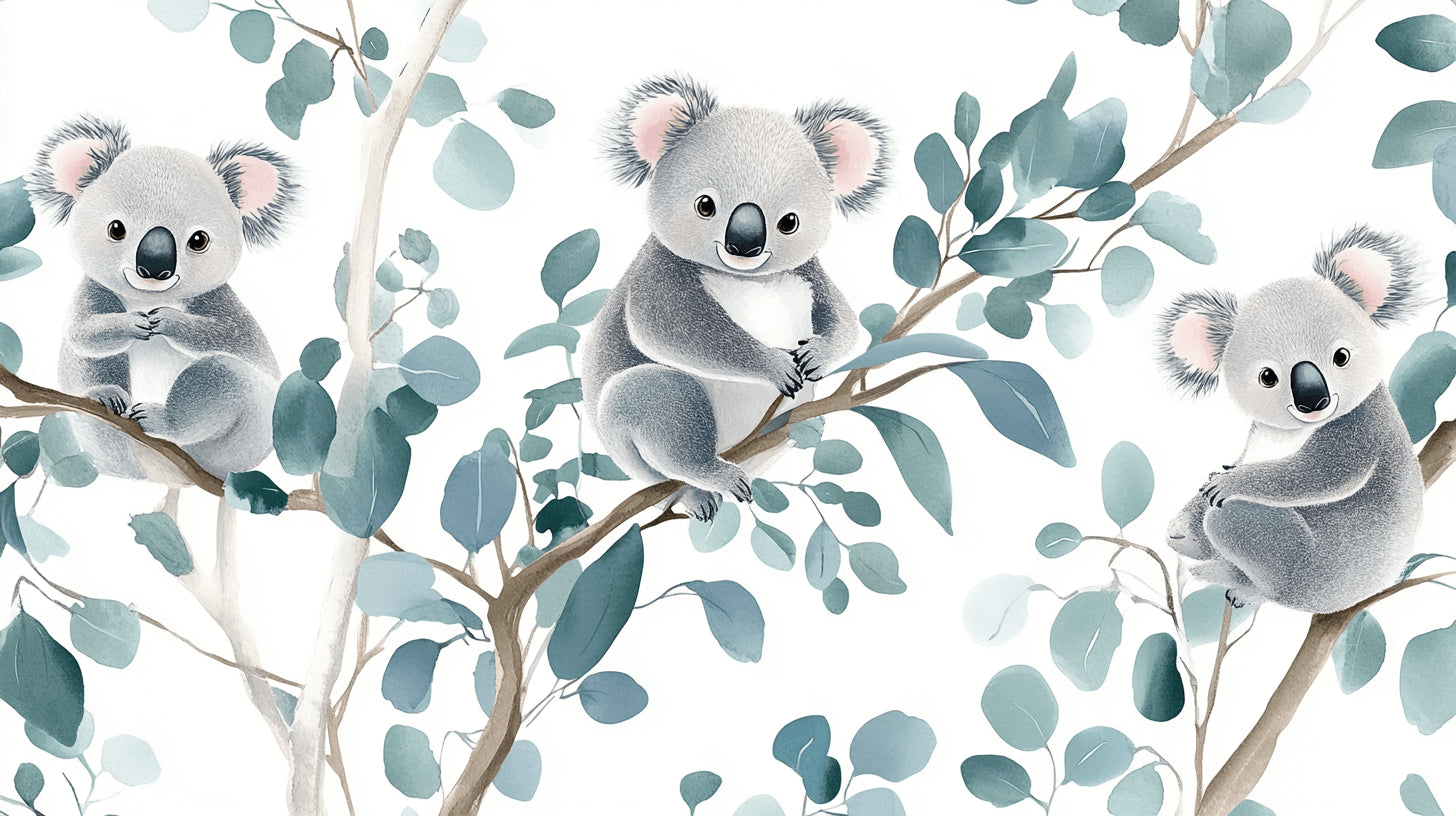 Design file showing sweet koala bears and eucalyptus leaves pattern on white background