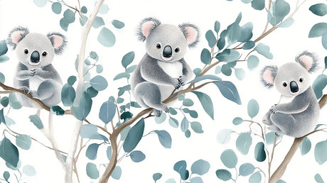 Design file showing sweet koala bears and eucalyptus leaves pattern on white background