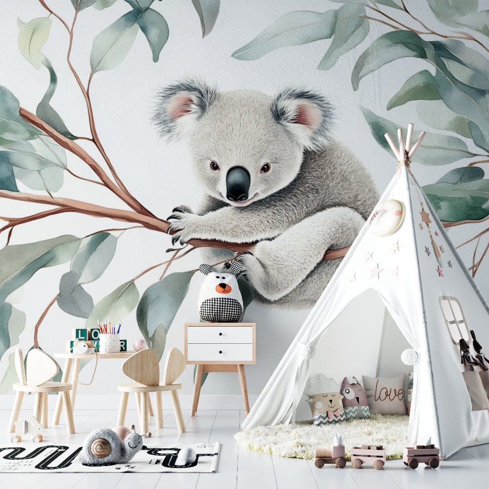 Koala nursery wallpaper creating a cozy reading nook in a child's bedroom