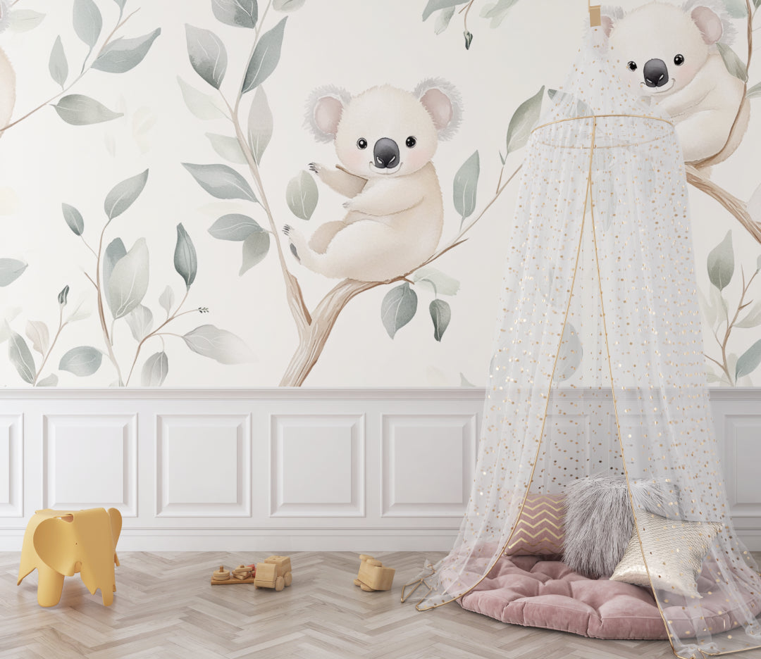 Koala and eucalyptus wallpaper bringing nature vibes to a modern playroom