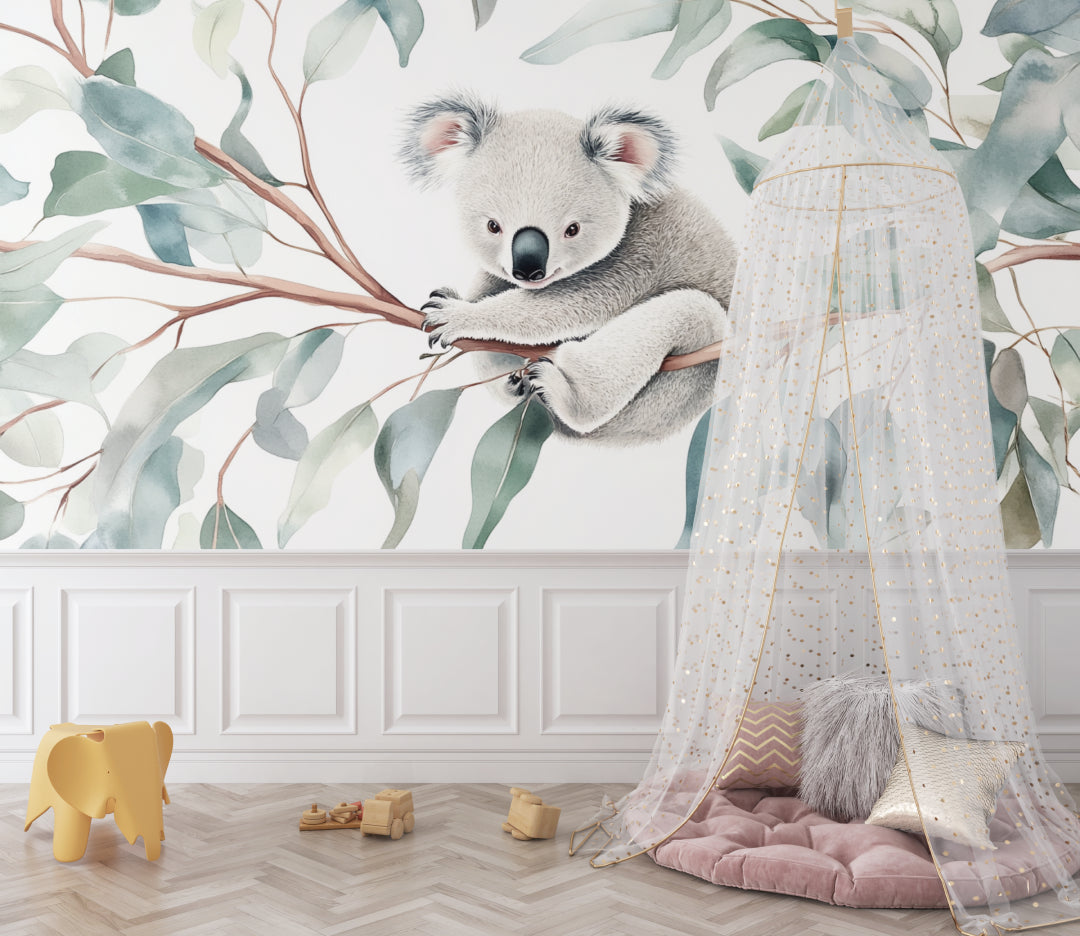 Eucalyptus leaf wallpaper detail in a baby's room with natural lighting