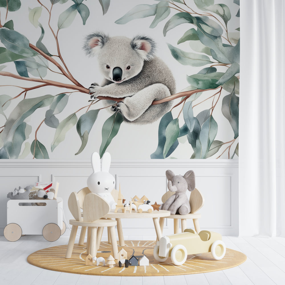 Koala wall mural showcased in a minimal Scandinavian nursery design