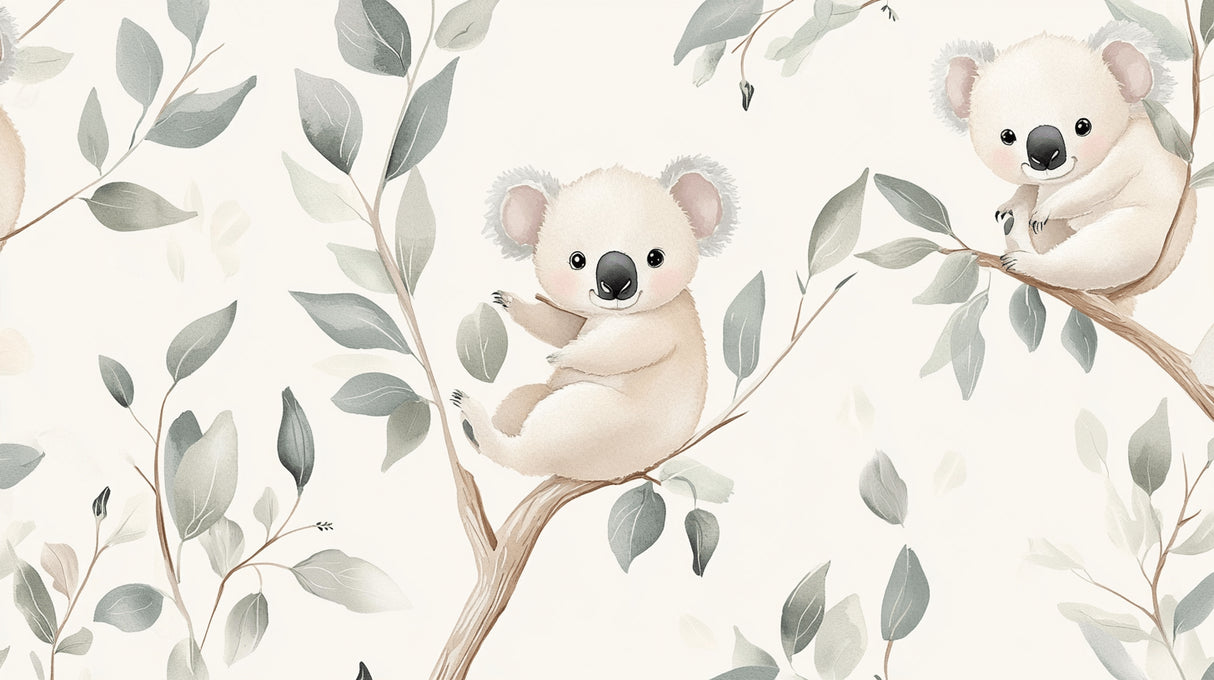 Design file of koala wallpaper pattern showing detailed eucalyptus leaves and gentle clouds