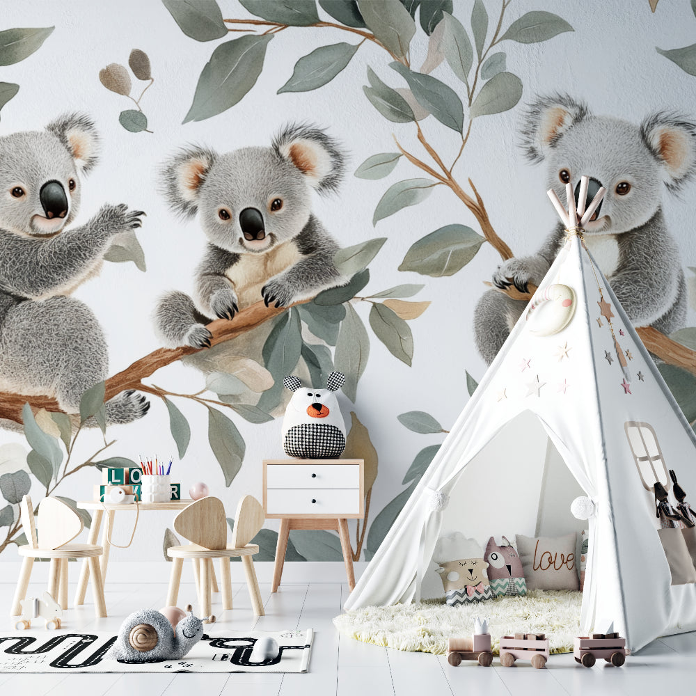 Koala mural creating cozy reading nook in child's bedroom