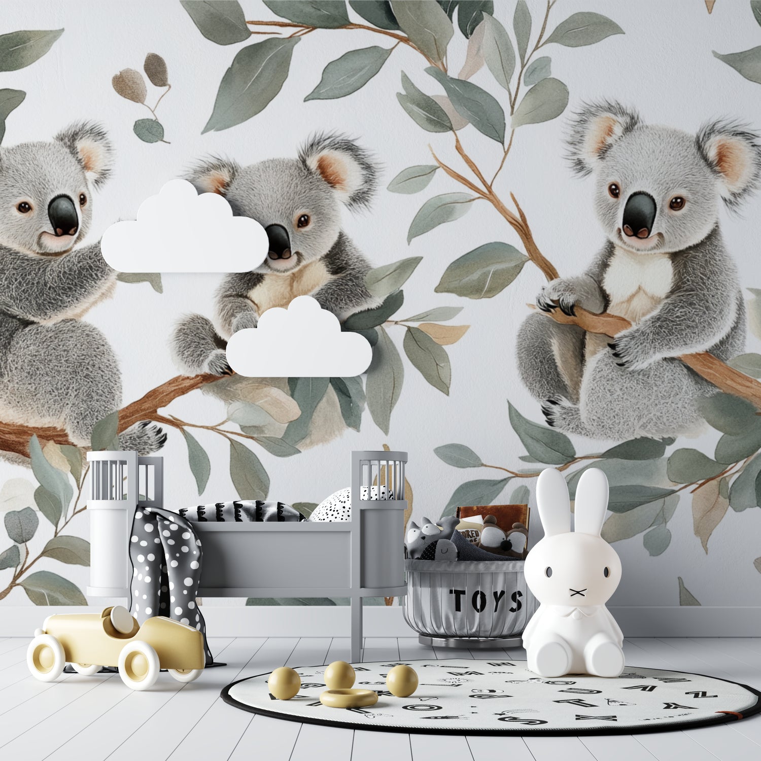 Sweet koala pattern on feature wall with minimalist furniture
