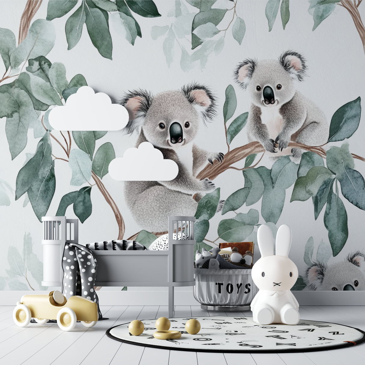 Kids bedroom showcase with koala bear wallpaper creating a peaceful natural atmosphere