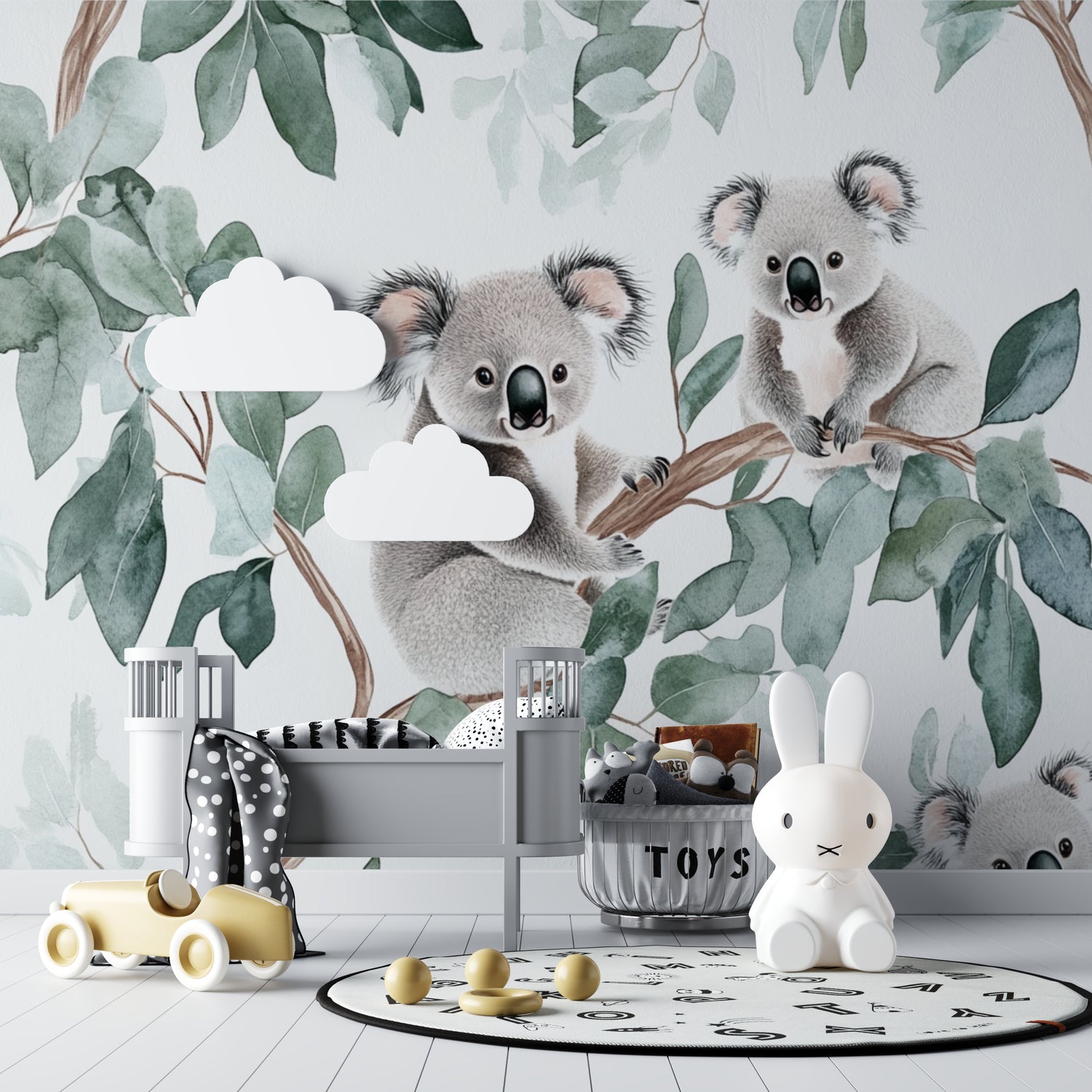 Kids bedroom showcase with koala bear wallpaper creating a peaceful natural atmosphere