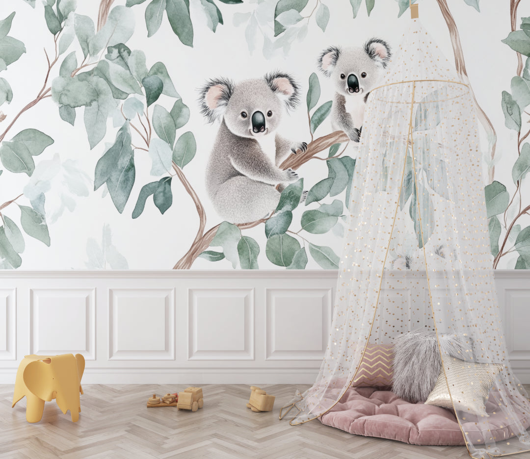 Koala mural wallpaper in a bright playroom showing scale and watercolor details