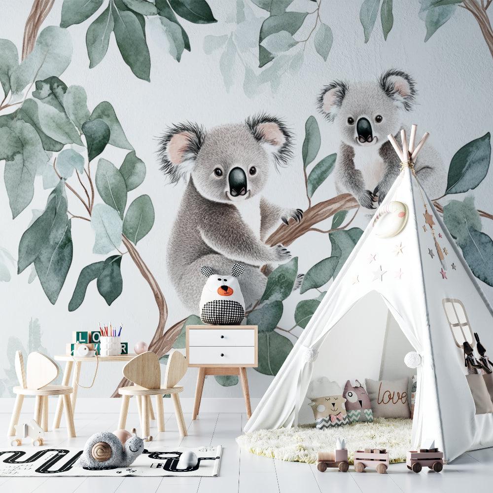 Reading nook with Australian koala wallpaper highlighting the calming eucalyptus design