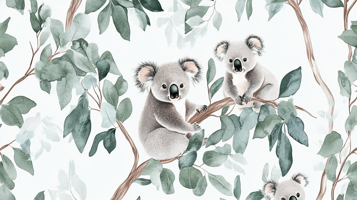 Koala and eucalyptus watercolor wallpaper design file showing full pattern detail