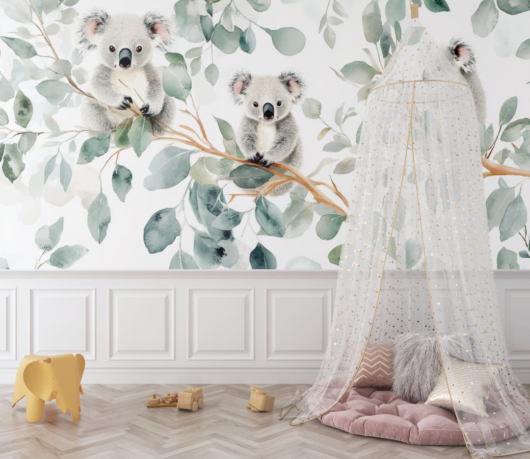 Sweet koala mural wallpaper featured in a children's reading nook with soft lighting