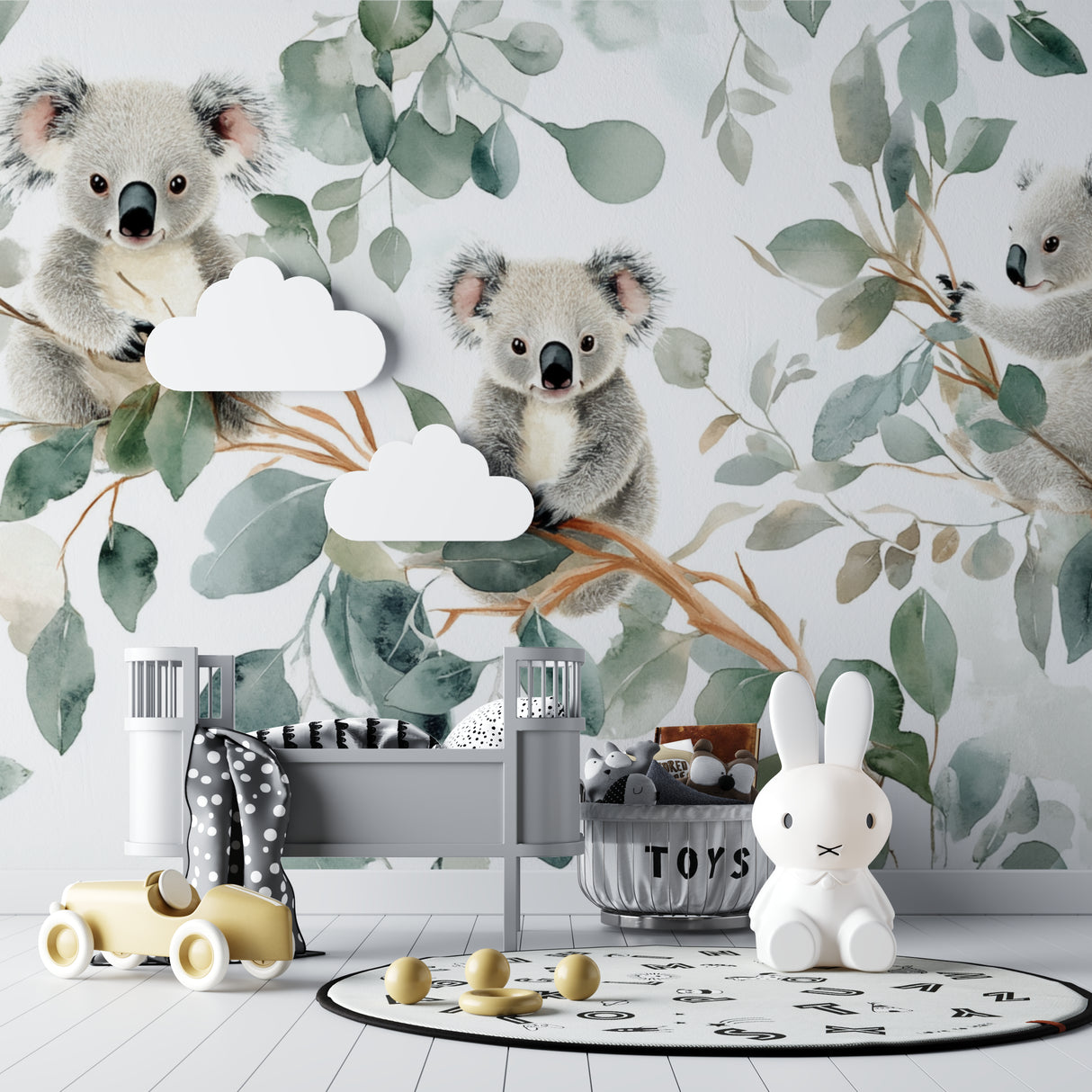 Eucalyptus koala wallpaper bringing nature vibes to a playroom setting
