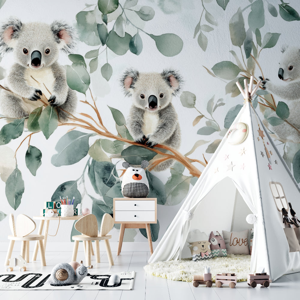 Watercolor koala wall mural displayed in a baby's nursery with natural decor