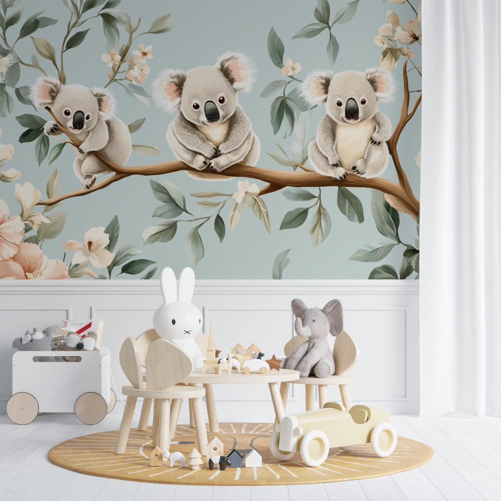 Kids bedroom featuring koala wall mural with reading nook and pastel decorations