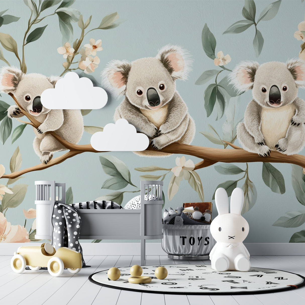 Playroom with Australian koala wallpaper showing scale and full wall impact